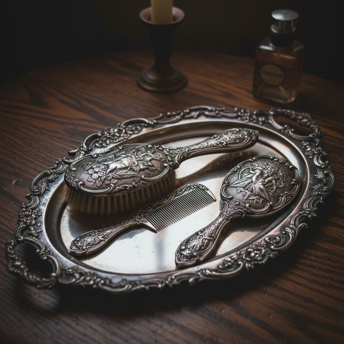 A high-angle, close-up shot of an ornate antique silver vanity set resting on a dark, draped fabric. The set includes an oval silver tray with intricate scrolled edges, a heavily embossed hairbrush with thick bristles, a matching hand mirror, and a silver comb. The silver has a deep, aged patina. In the soft-focus background, a tall candle in a simple holder and a glass perfume bottle add to the moody, vintage atmosphere.