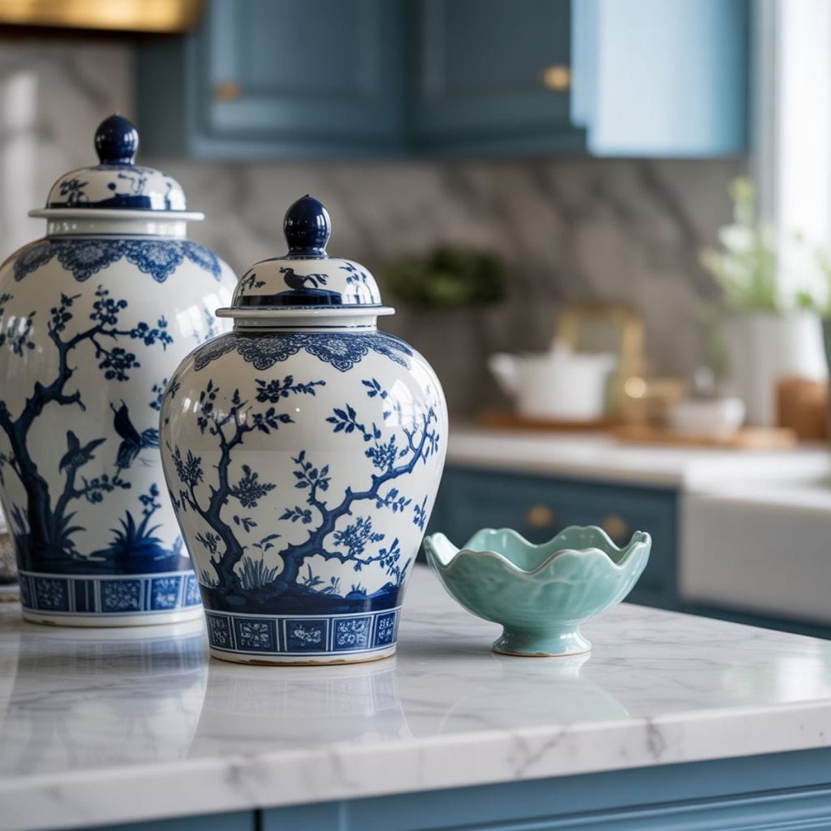 Vintage blue and white Chinoiserie ginger jars styled on a white marble countertop next to a soft aqua accent piece, representing the New Heritage color palette.