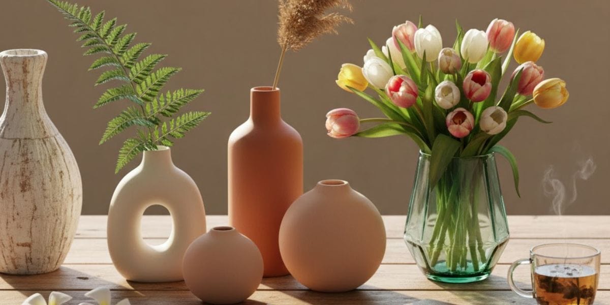 Blue and white ginger jar with cobalt bottle and beige bud vases on a wood table, spring vases decor for slow interiors.