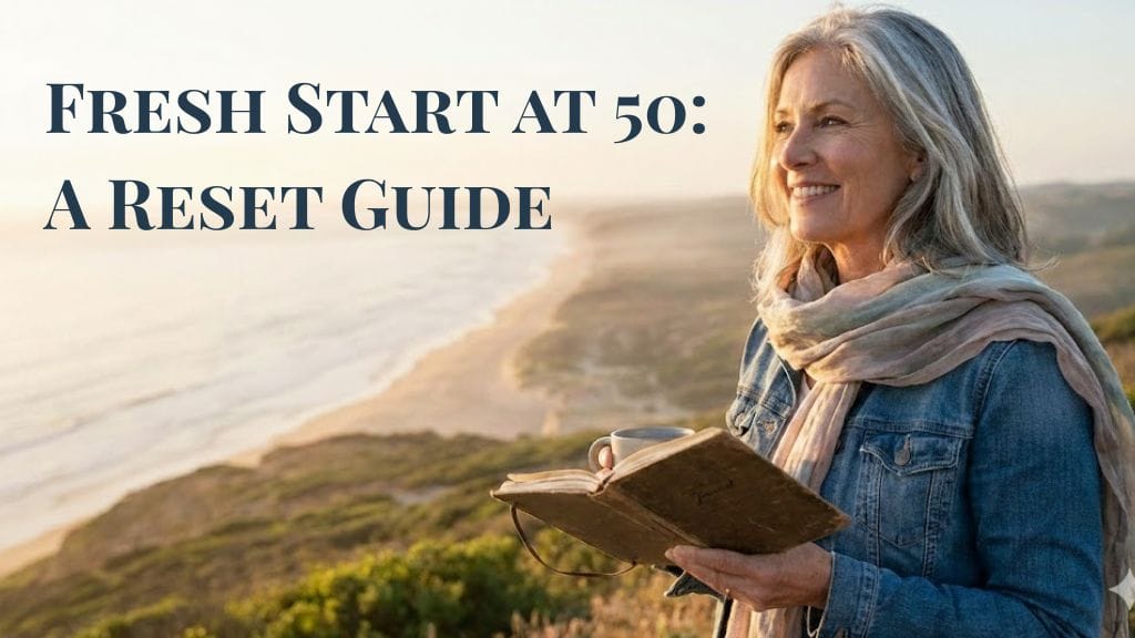 Smiling woman at 50 holding a journal and coffee overlooking a serene coastal sunrise, representing a life reset and intentional living.