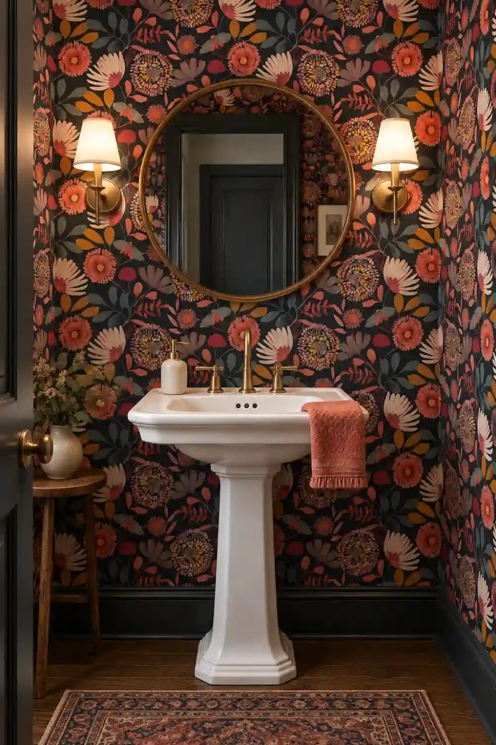 Moody powder room with dark floral wallpaper, a white pedestal sink, round brass mirror and two matching wall sconces.