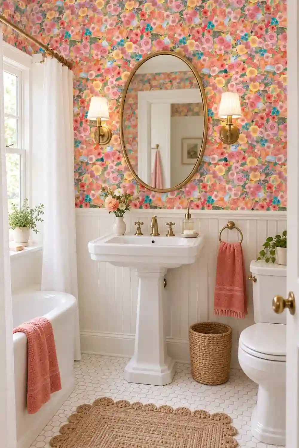  Small bathroom with bright pink, coral and yellow floral wallpaper, a white sink and warm brass fixtures.