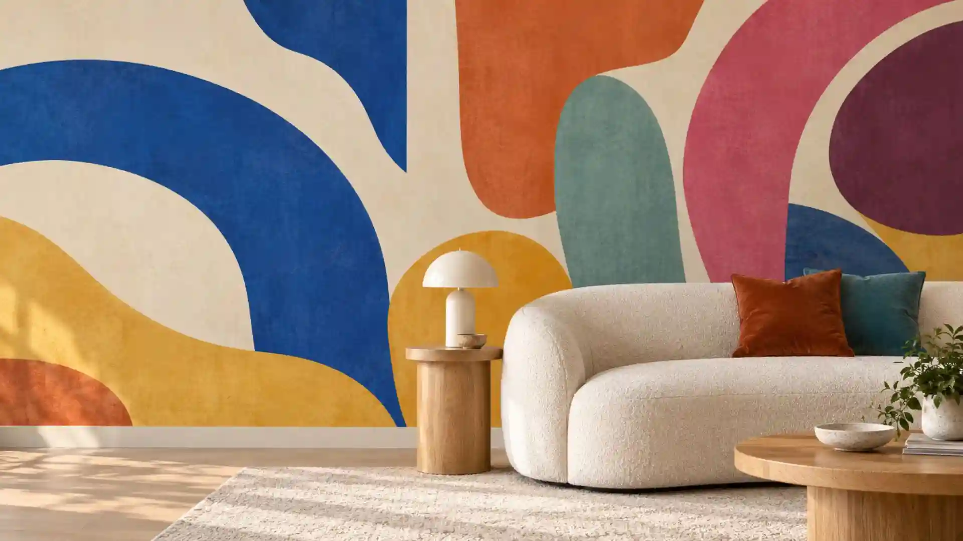 Contemporary living room with colorful abstract wallpaper, a curved cream sofa and light wood furniture.