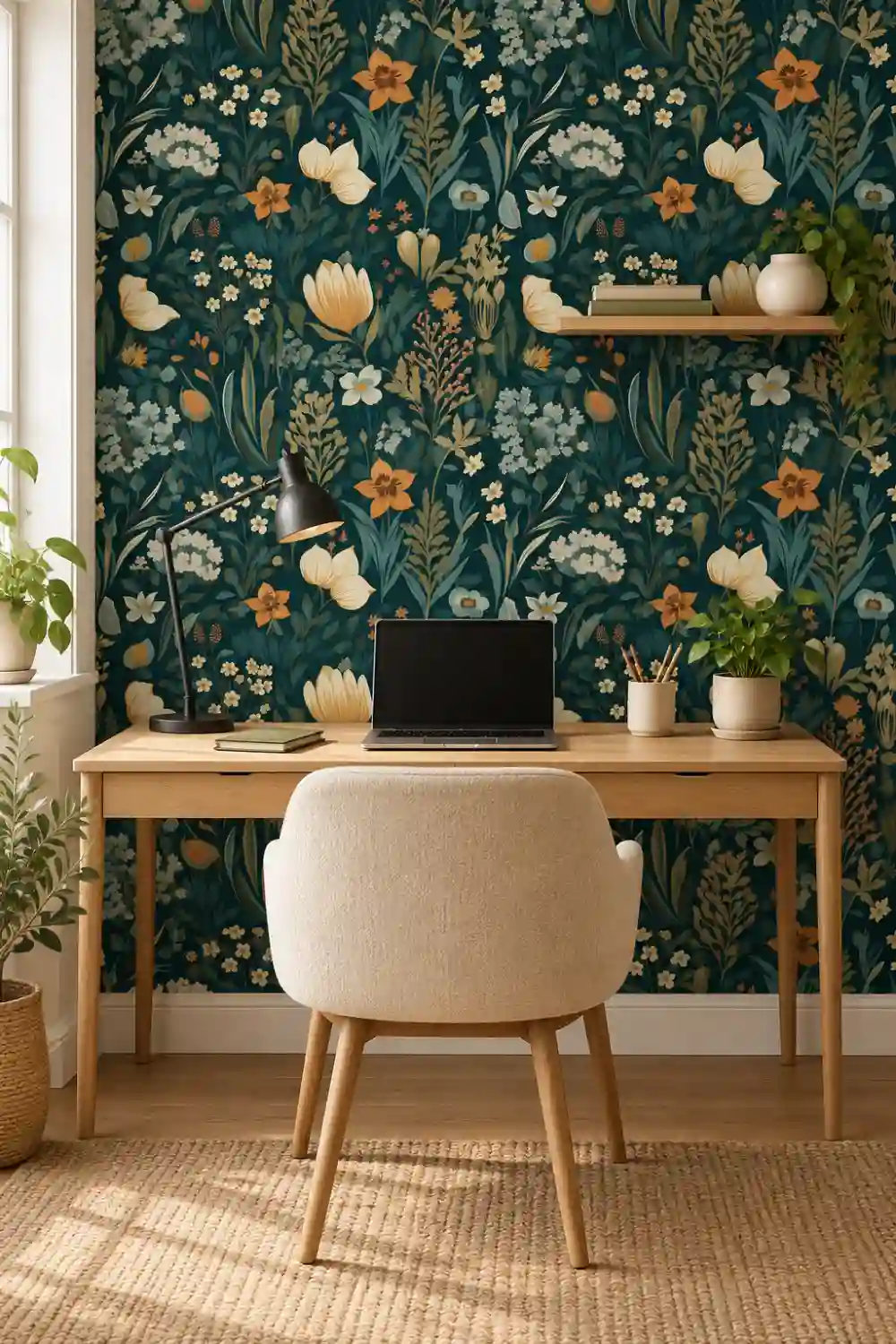 Stylish home office with deep teal botanical wallpaper, a light wood desk, cream chair, black task lamp and potted plants.